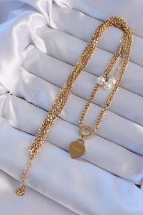 316l çelik Gold Renk çift Zincir İnci Detayı Love Kalp Kolye 316l çelik Gold Renk çift Zincir İnci Detayı Love Kalp Kolye