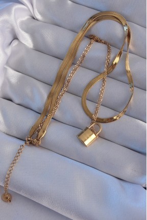 316l çelik Gold Renk çift Zincir Kilit Model Kolye 316l çelik Gold Renk çift Zincir Kilit Model Kolye