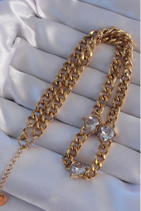 316l çelik Gold Renk Zirkon Taşlı Kalp Model Zincir Kolye