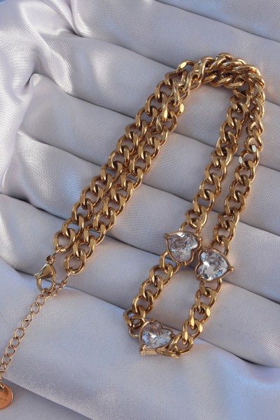 316l çelik Gold Renk Zirkon Taşlı Kalp Model Zincir Kolye