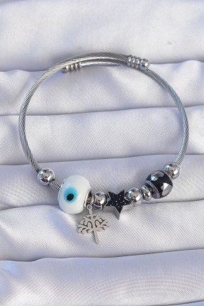 316l çelik Gümüş Renk Siyah Zirkon Taşlı Yıldız Tasarımlı Ağaç Detay Nazarlı Charm Bileklik