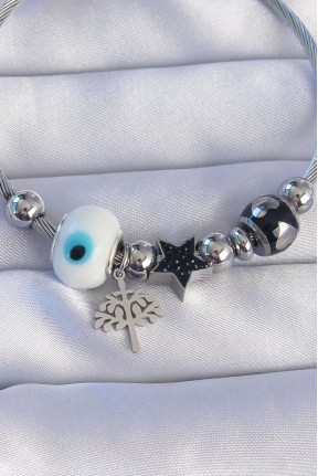 316l çelik Gümüş Renk Siyah Zirkon Taşlı Yıldız Tasarımlı Ağaç Detay Nazarlı Charm Bileklik