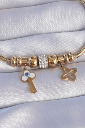 316l çelik Gold Renk Zirkon Taşlı Yonca Detay Nazarlı Anahtar Tasarımlı Bileklik 316l çelik Gold Renk Zirkon Taşlı Yonca Detay Nazarlı Anahtar Tasarımlı Bileklik