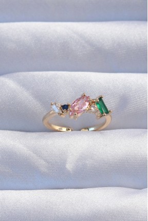 Pirinç Gold Renk Renkli Zirkon Taşlı Ayarlanabilir Yüzük Pirinç Gold Renk Renkli Zirkon Taşlı Ayarlanabilir Yüzük