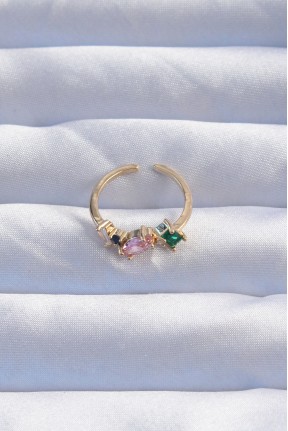 Pirinç Gold Renk Renkli Zirkon Taşlı Ayarlanabilir Yüzük Pirinç Gold Renk Renkli Zirkon Taşlı Ayarlanabilir Yüzük
