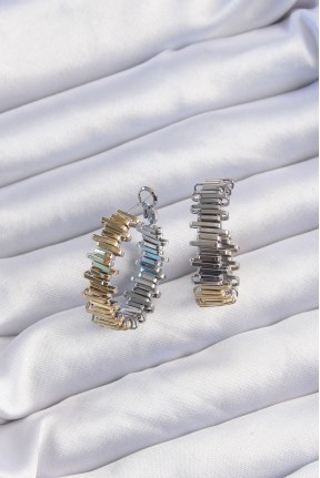 Pirinç Gold Gümüş Renkli Tırtıklı Halka Küpe