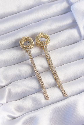 Pirinç Gold Renk Zirkon Taşlı Kıvrım Detay Sallantılı Küpe Pirinç Gold Renk Zirkon Taşlı Kıvrım Detay Sallantılı Küpe