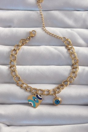 316l çelik Gold Renk Nazarlı Kalp Model Zincir Bileklik 316l çelik Gold Renk Nazarlı Kalp Model Zincir Bileklik