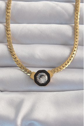 316l çelik Gold Renk Ezme Zincir Zirkon Taşlı Mineli Serenay Kolyesi