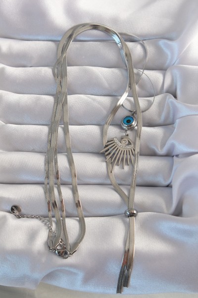 316l çelik Gümüş Renk Zirkon Taşlı Göz Detay Nazarlı Uzun Asansör Model Kolye 316l çelik Gümüş Renk Zirkon Taşlı Göz Detay Nazarlı Uzun Asansör Model Kolye