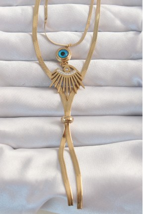 316l çelik Gold Renk Zirkon Taşlı Göz Detay Nazarlı Uzun Asansör Model Kolye