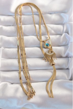 316l çelik Gold Renk Zirkon Taşlı Göz Detay Nazarlı Uzun Asansör Model Kolye