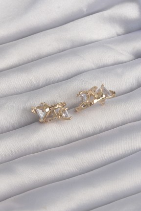 Pirinç Gold Renk İri Zirkon Taşlı Kıvrımlı Minimal Kelebekli Halka Küpe