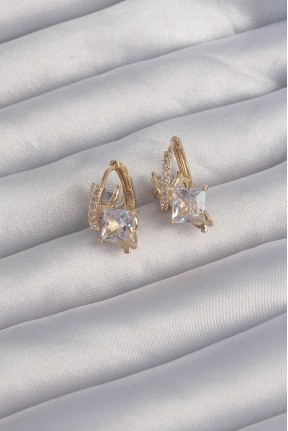 Pirinç Gold Renk İri Zirkon Taşlı Kıvrımlı Minimal Kelebekli Halka Küpe