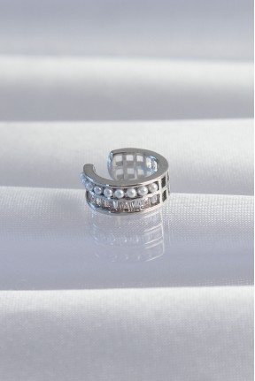 Pirinç Gümüş Renk İncili Baget Taşlı Earcuff Küpe Pirinç Gümüş Renk İncili Baget Taşlı Earcuff Küpe
