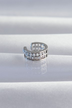 Pirinç Gümüş Renk İncili Baget Taşlı Earcuff Küpe Pirinç Gümüş Renk İncili Baget Taşlı Earcuff Küpe