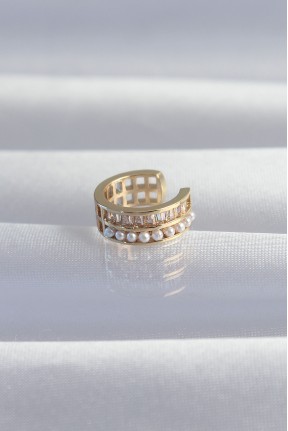 Pirinç Gold Renk İncili Baget Taşlı Earcuff Küpe Pirinç Gold Renk İncili Baget Taşlı Earcuff Küpe