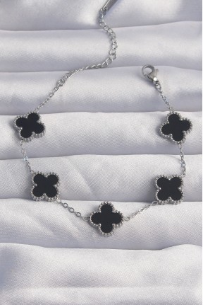 316l çelik Gümüş Renk Siyah Mineli Yonca Bileklik