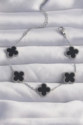 316l çelik Gümüş Renk Siyah Mineli Yonca Bileklik