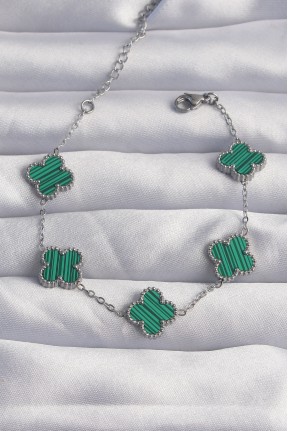 316l çelik Gümüş Renk çizgili Yeşil Mineli Yonca Bileklik