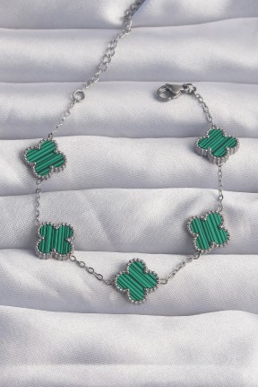 316l çelik Gümüş Renk çizgili Yeşil Mineli Yonca Bileklik 316l çelik Gümüş Renk çizgili Yeşil Mineli Yonca Bileklik