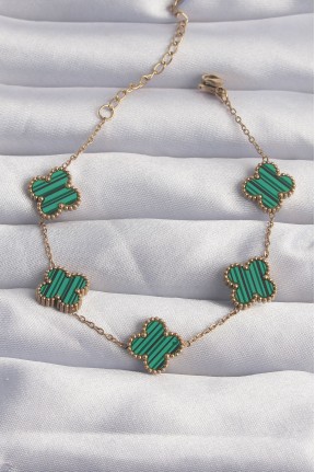 316l çelik Gold Renk çizgili Yeşil Mineli Yonca Bileklik