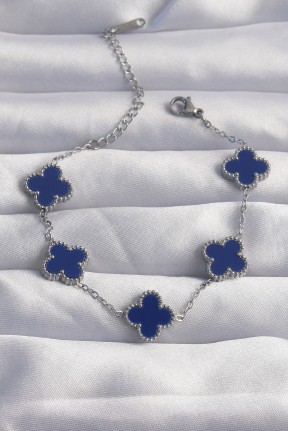 316l çelik Gümüş Renk Mavi Mineli Yonca Bileklik