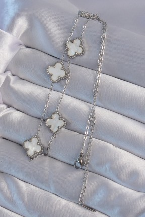 316l çelik Gümüş Renk Beyaz Sedefli Yonca Kolye