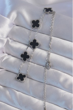 316l çelik Gümüş Renk Siyah Mineli Yonca Kolye 316l çelik Gümüş Renk Siyah Mineli Yonca Kolye