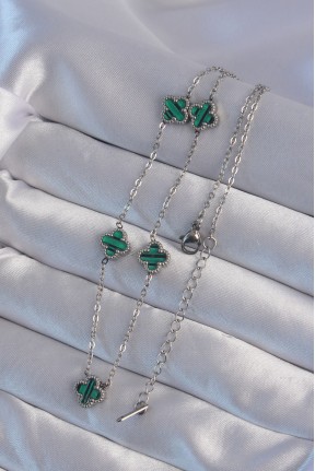 316l çelik Gümüş Renk Minimal Yeşil Mineli Yonca Kolye 316l çelik Gümüş Renk Minimal Yeşil Mineli Yonca Kolye