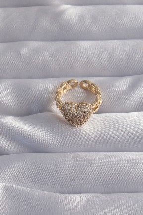 Pirinç Ayarlamalı Gold Renk Zirkon Taşlı Bombeli Kalp Yüzük Pirinç Ayarlamalı Gold Renk Zirkon Taşlı Bombeli Kalp Yüzük