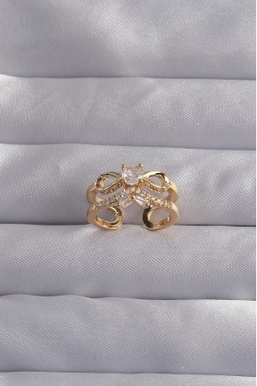 Pirinç Ayarlamalı Gold Renk Zirkon Taşlı 2li Görünüm Fiyonk Yüzük Pirinç Ayarlamalı Gold Renk Zirkon Taşlı 2li Görünüm Fiyonk Yüzük