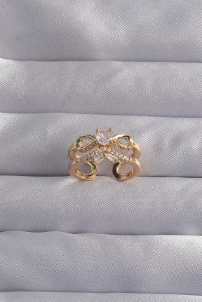 Pirinç Ayarlamalı Gold Renk Zirkon Taşlı 2li Görünüm Fiyonk Yüzük Pirinç Ayarlamalı Gold Renk Zirkon Taşlı 2li Görünüm Fiyonk Yüzük