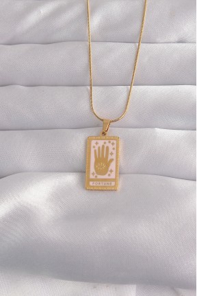316l çelik Gold Renk Pembe Mineli El Figür Tarot Kolye 316l çelik Gold Renk Pembe Mineli El Figür Tarot Kolye