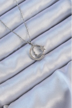 316l çelik Zincir Gümüş Renk Zirkon Taşlı Ay Yıldız Simgeli Atatürk Kolye