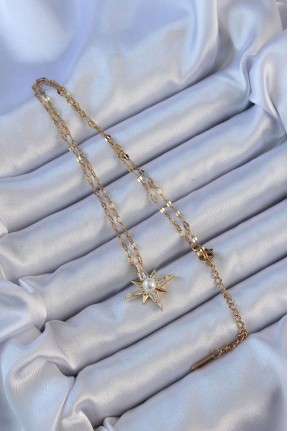 316l çelik Zincir Altın Renk Baget Taşlı İnci Detay Kutup Yıldızı Kolye 316l çelik Zincir Altın Renk Baget Taşlı İnci Detay Kutup Yıldızı Kolye