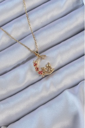 316l çelik Zincir Altın Renk Kırmızı Gül Detay Kedi Figür Zirkon Taşlı Ay Kolye 316l çelik Zincir Altın Renk Kırmızı Gül Detay Kedi Figür Zirkon Taşlı Ay Kolye