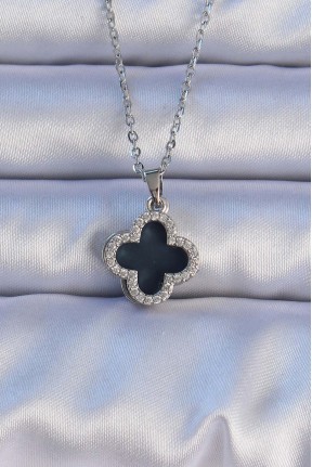 316l çelik Gümüş Renk Siyah Mineli Zirkon Taşlı Yonca Figürlü Kolye