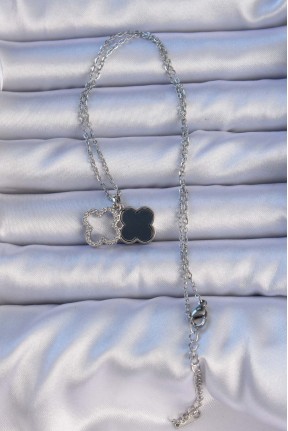 316l çelik Gümüş Renk Siyah Mineli Zirkon Taşlı Yonca Figürlü Kolye