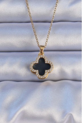 316l çelik Gold Renk Siyah Mineli Zirkon Taşlı Yonca Figürlü Kolye