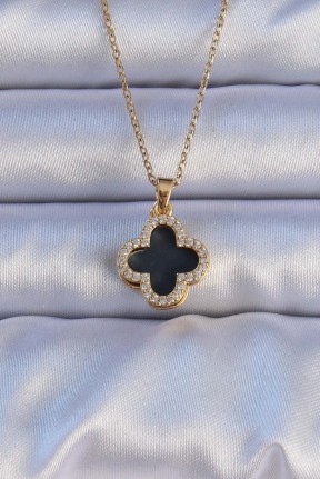 316l çelik Gold Renk Siyah Mineli Zirkon Taşlı Yonca Figürlü Kolye