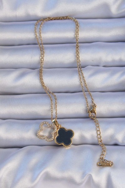 316l çelik Gold Renk Siyah Mineli Zirkon Taşlı Yonca Figürlü Kolye