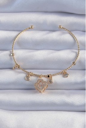 Pirinç Altın Renk Zirkon Taşlı Yonca Model Charm Bileklik Pirinç Altın Renk Zirkon Taşlı Yonca Model Charm Bileklik