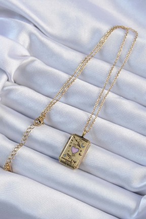 316l çelik Zincir Eskitme Altın Renk Pembe Mineli Kalp Figürlü Tarot Kolye 316l çelik Zincir Eskitme Altın Renk Pembe Mineli Kalp Figürlü Tarot Kolye