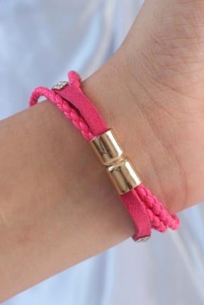 Pembe Renk Zirkon Taşlı Deri çoklu Bileklik Pembe Renk Zirkon Taşlı Deri çoklu Bileklik