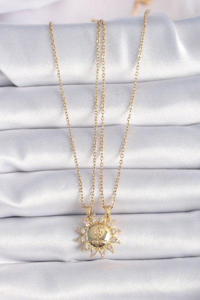 316l çelik Gold Renk Zirkon Taşlı Güneş Model İşleme Yazı Detay Arkadaş Kolyesi