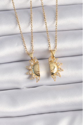 316l çelik Gold Renk Zirkon Taşlı Güneş Model İşleme Yazı Detay Arkadaş Kolyesi