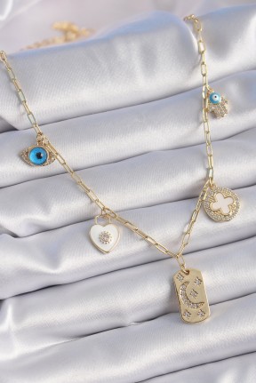 Gold Renk Zirkon Taşlı çoklu Figür Model şans Kolyesi Gold Renk Zirkon Taşlı çoklu Figür Model şans Kolyesi