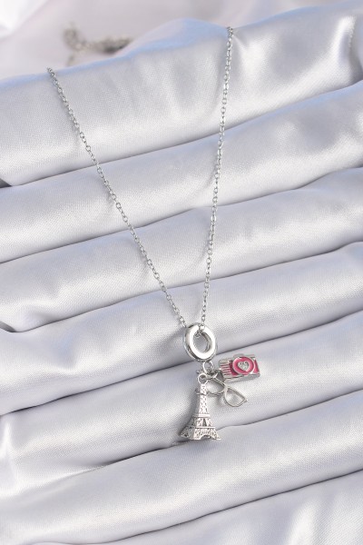 316l çelik Gümüş Renk Eyfel Kule Fotoğraf Makinesi Model Charm Kadın Kolye