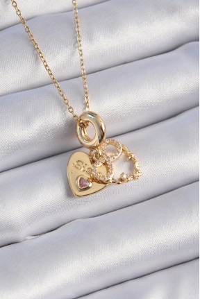 316l çelik Gold Renk Zirkon Taşlı Sonsuzluk Kalp Figür Charm Model Kadın Kolye